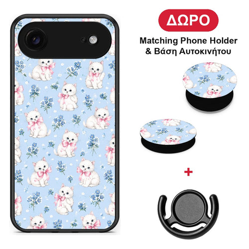 White Kittens and Blue Flowers Small - iPhone 17 Air θήκη + Δώρο Phone Holder & Βάση Αυτοκινήτου