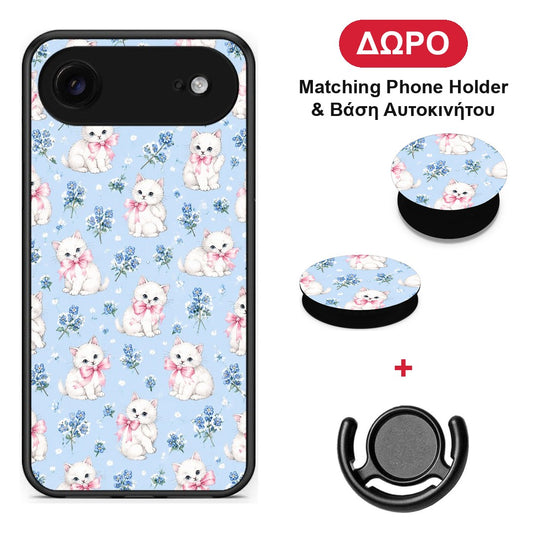 White Kittens and Blue Flowers Small - iPhone 17 Air θήκη + Δώρο Phone Holder & Βάση Αυτοκινήτου