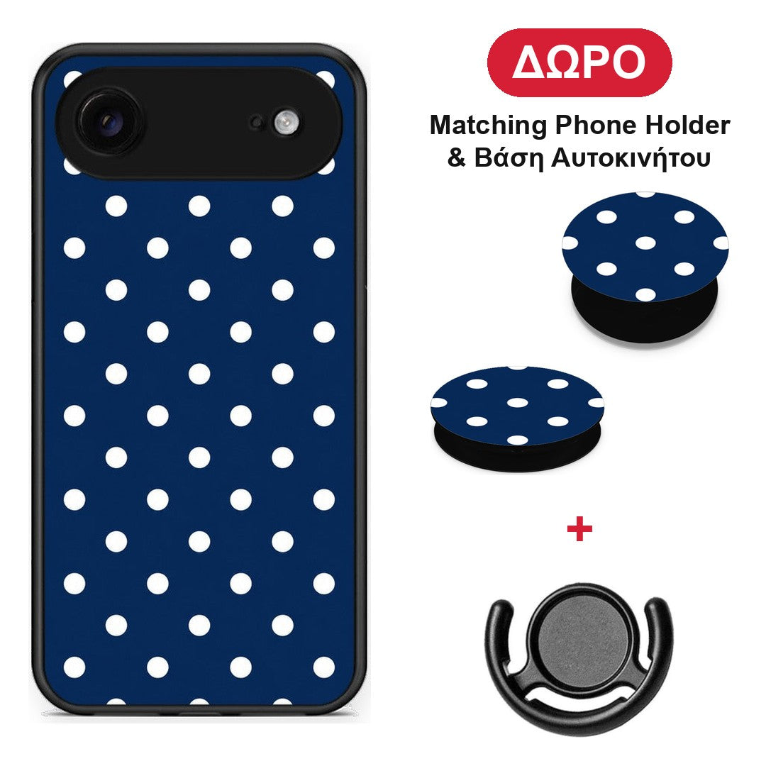 White Small Polka Dots on Navy - iPhone 17 Air θήκη + Δώρο Phone Holder & Βάση Αυτοκινήτου