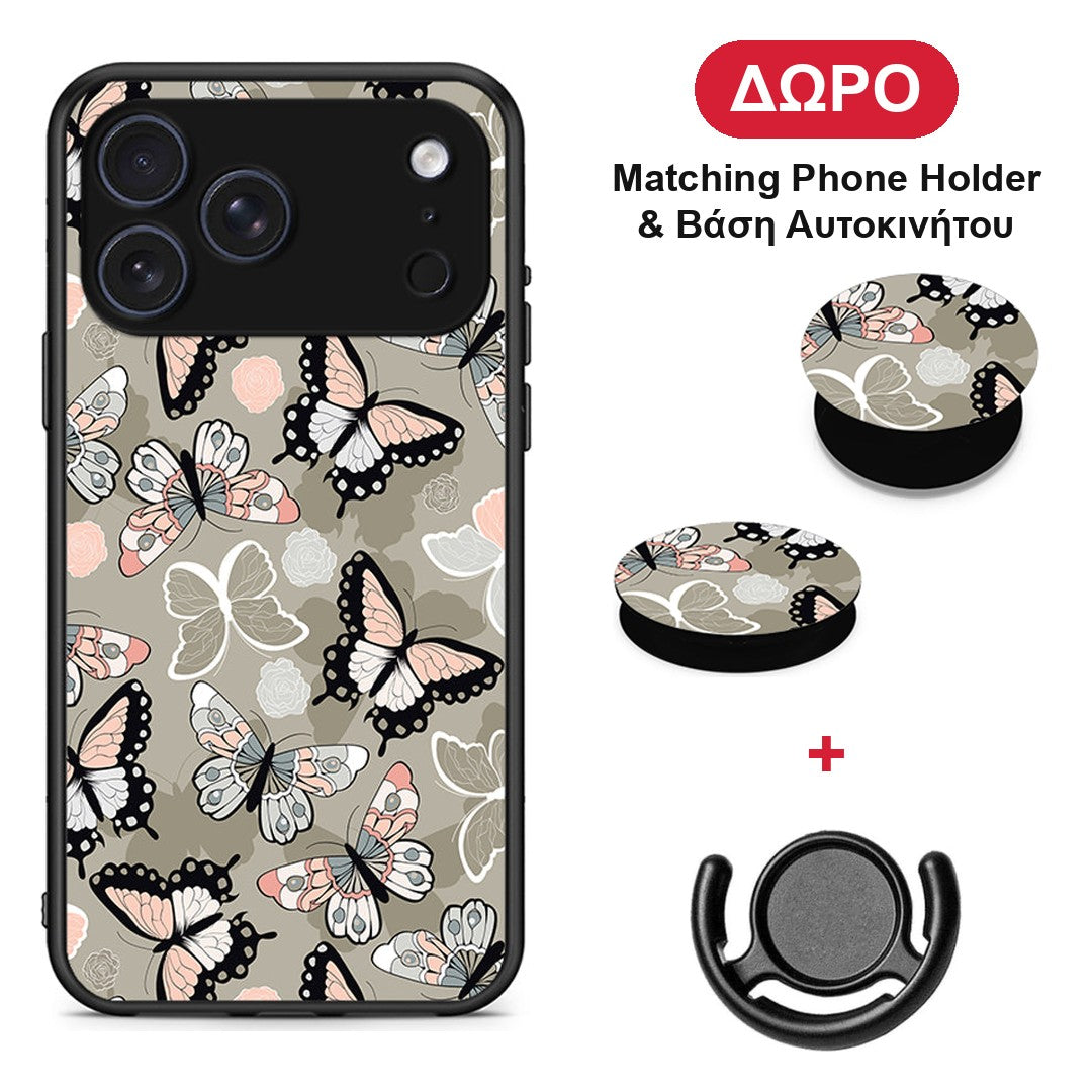 Boho Butterflies - iPhone 17 Pro θήκη + Δώρο Phone Holder & Βάση Αυτοκινήτου