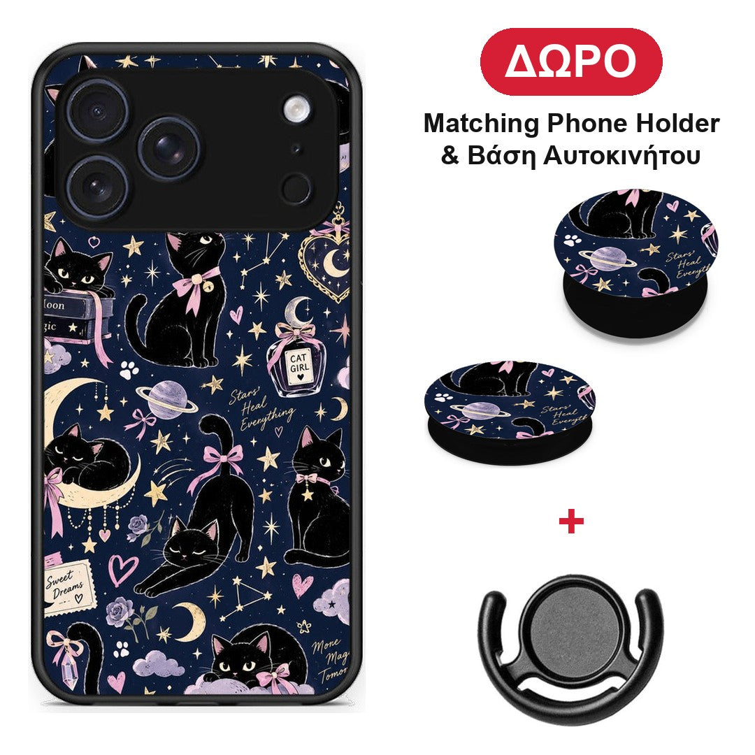 Celestial Black Cats on Navy - iPhone 17 Pro θήκη + Δώρο Phone Holder & Βάση Αυτοκινήτου