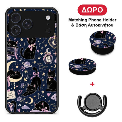 Celestial Black Cats on Navy - iPhone 17 Pro θήκη + Δώρο Phone Holder & Βάση Αυτοκινήτου