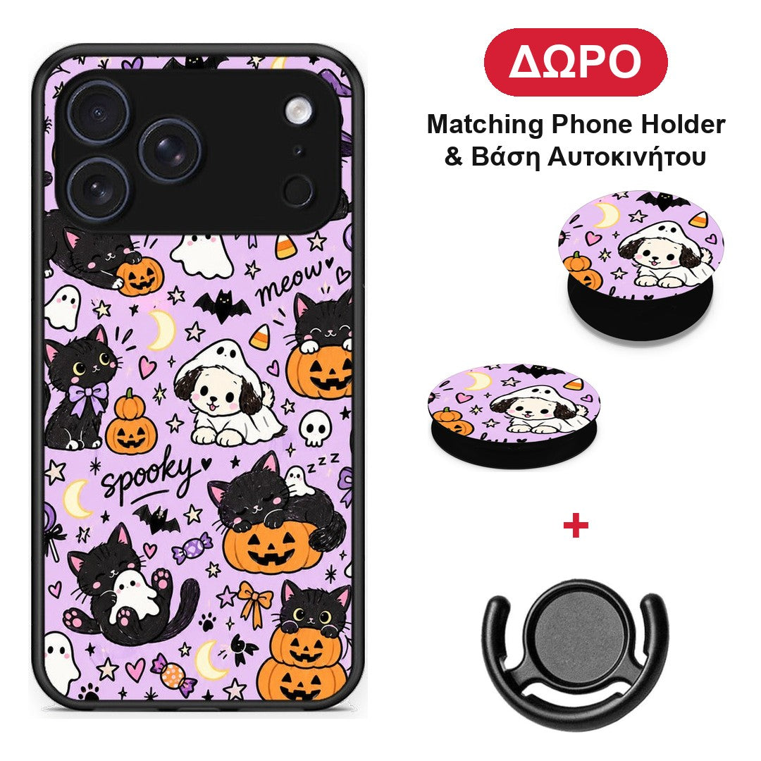 Halloween Black Cats on Lilac - iPhone 17 Pro θήκη + Δώρο Phone Holder & Βάση Αυτοκινήτου