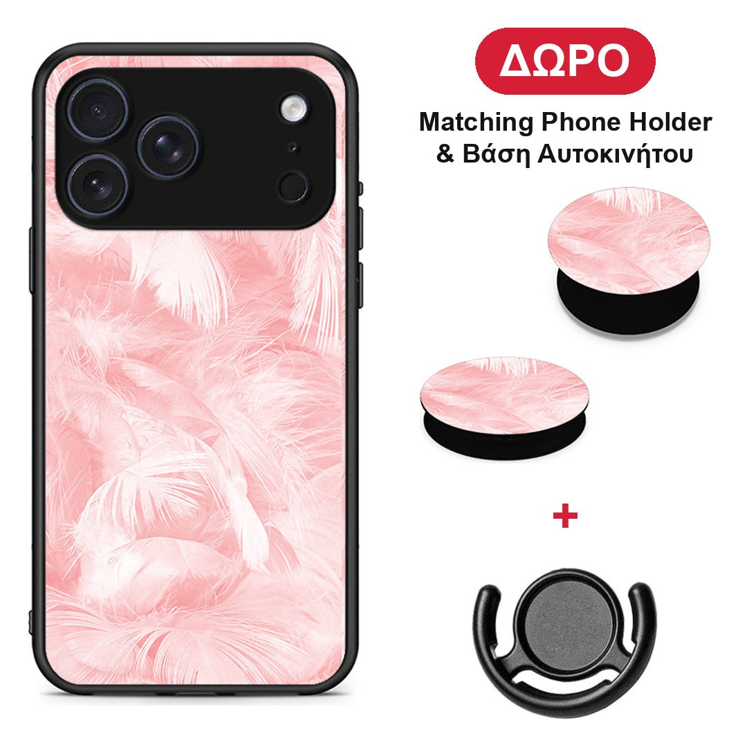 Boho Pink Feather - iPhone 17 Pro θήκη + Δώρο Phone Holder & Βάση Αυτοκινήτου