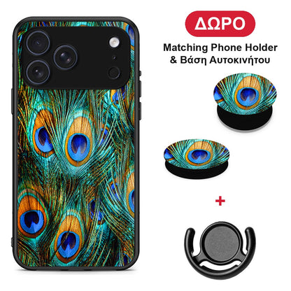 Real Peacock Feathers - iPhone 17 Pro θήκη + Δώρο Phone Holder & Βάση Αυτοκινήτου