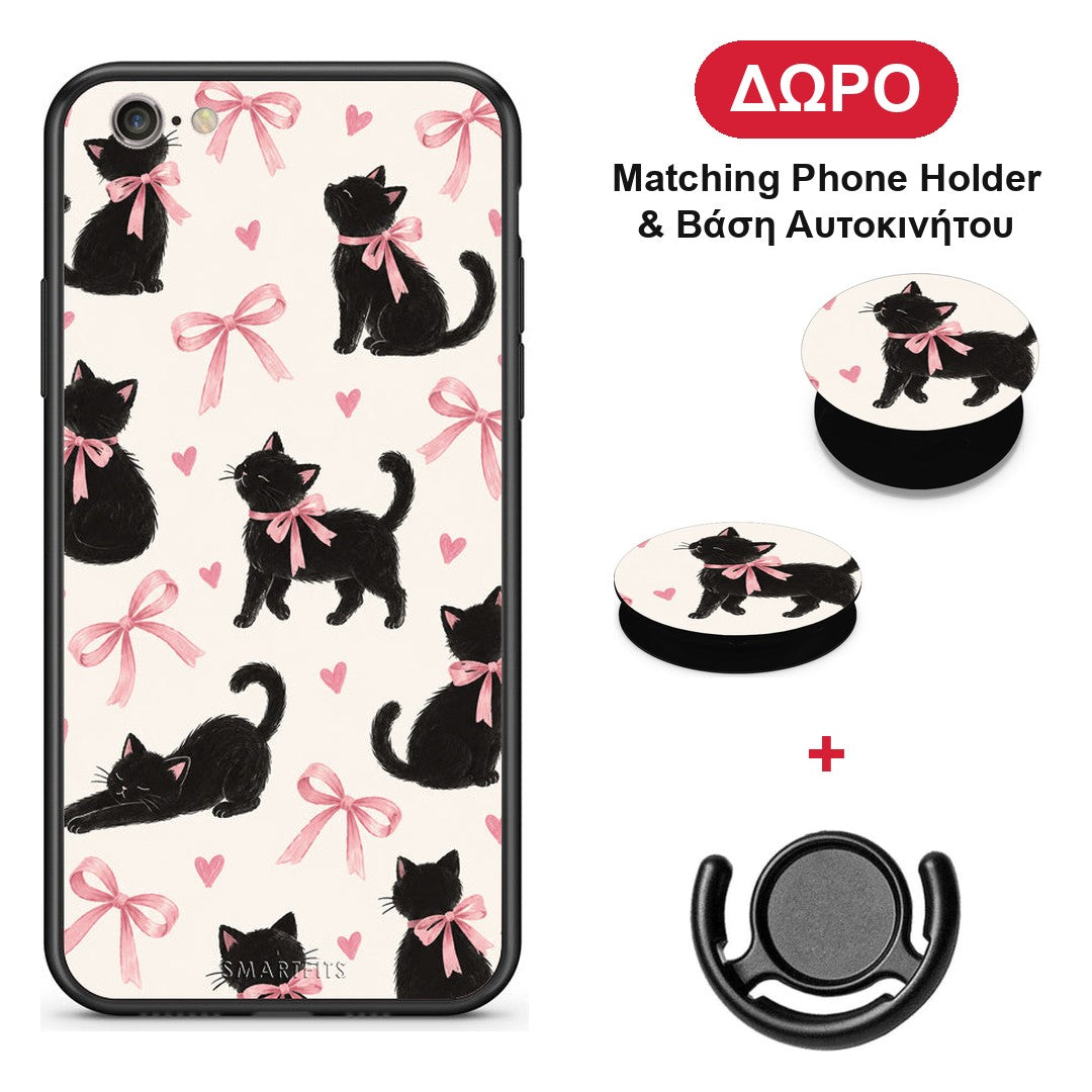 Black Kittens and Pink Bows on Cream Large - iPhone 6 / 6s θήκη + Δώρο Phone Holder & Βάση Αυτοκινήτου