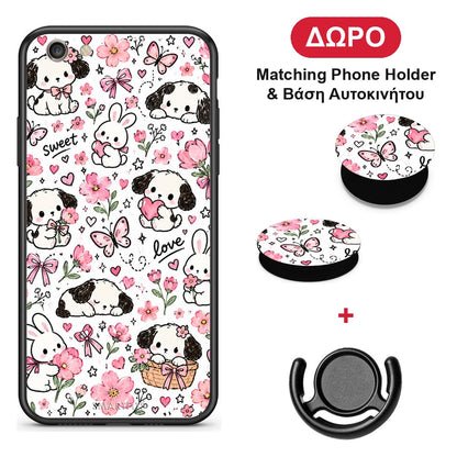 Pink Florals Puppies and Bunnies on White - iPhone 6 / 6s θήκη + Δώρο Phone Holder & Βάση Αυτοκινήτου