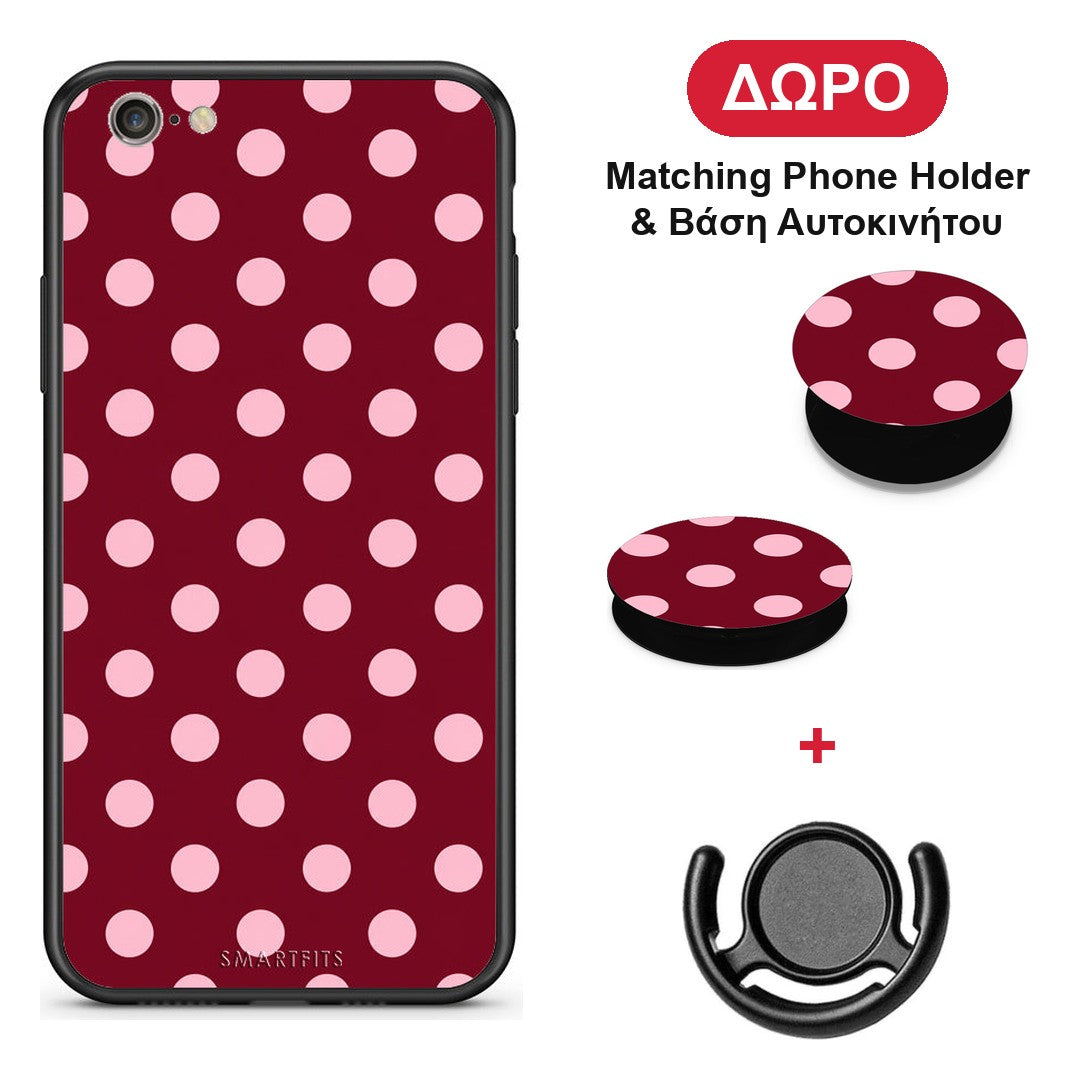 Pink Polka Dots on Burgundy - iPhone 6 / 6s θήκη + Δώρο Phone Holder & Βάση Αυτοκινήτου