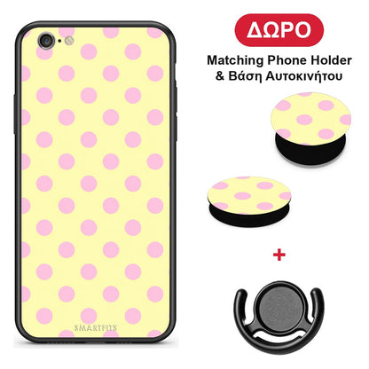 Pink Polka Dots on Yellow - iPhone 6 / 6s θήκη + Δώρο Phone Holder & Βάση Αυτοκινήτου