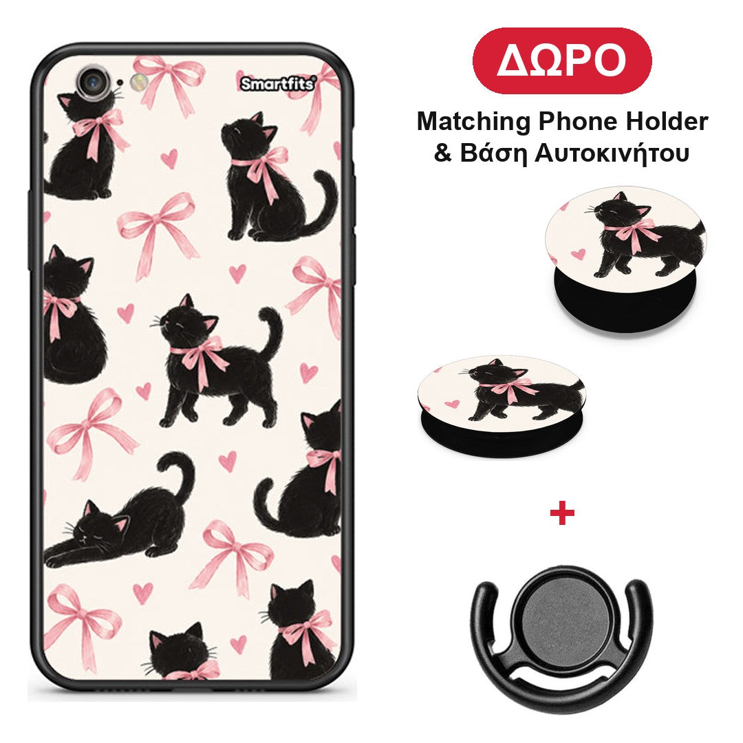 Black Kittens and Pink Bows on Cream Large - iPhone 6 Plus / 6s Plus θήκη + Δώρο Phone Holder & Βάση Αυτοκινήτου