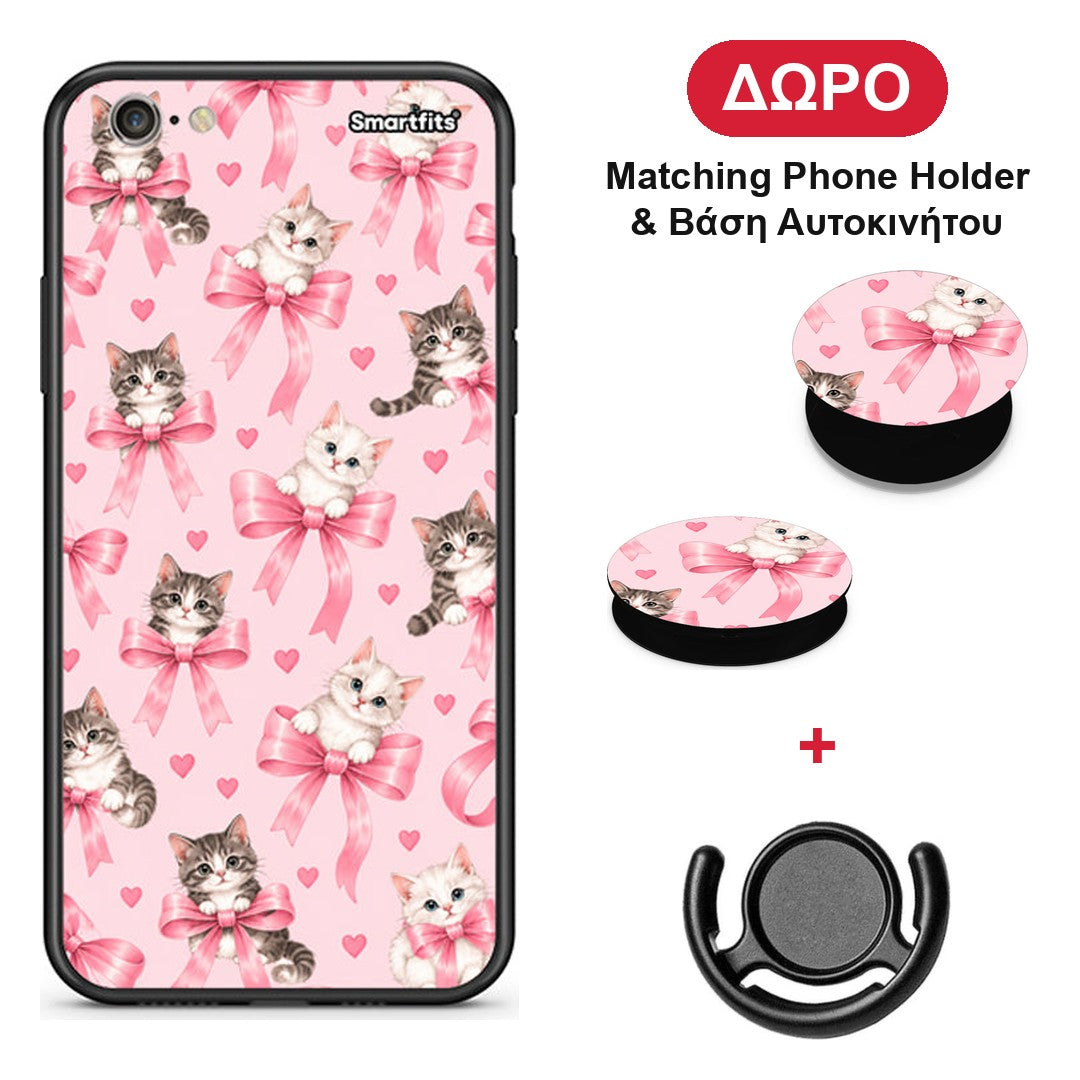 Kittens and Pink Bows on Pink - iPhone 6 Plus / 6s Plus θήκη + Δώρο Phone Holder & Βάση Αυτοκινήτου