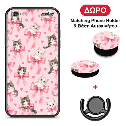 Kittens and Pink Bows on Pink - iPhone 6 Plus / 6s Plus θήκη + Δώρο Phone Holder & Βάση Αυτοκινήτου