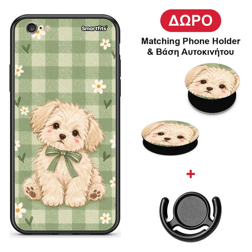 Puppy and Daisies on Sage Gingham - iPhone 6 Plus / 6s Plus θήκη + Δώρο Phone Holder & Βάση Αυτοκινήτου