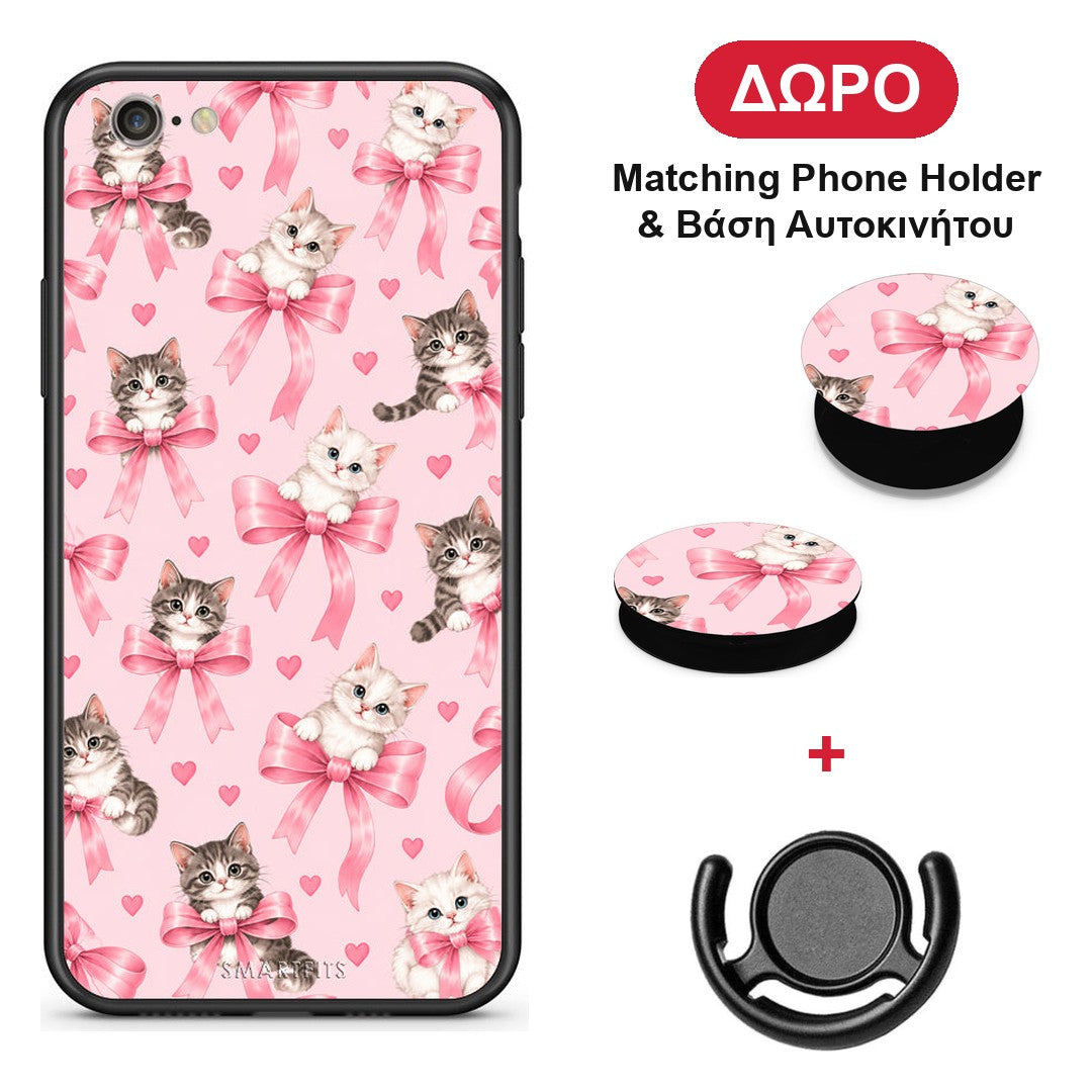 Kittens and Pink Bows on Pink - iPhone 7 / 8 / SE 2020 θήκη + Δώρο Phone Holder & Βάση Αυτοκινήτου
