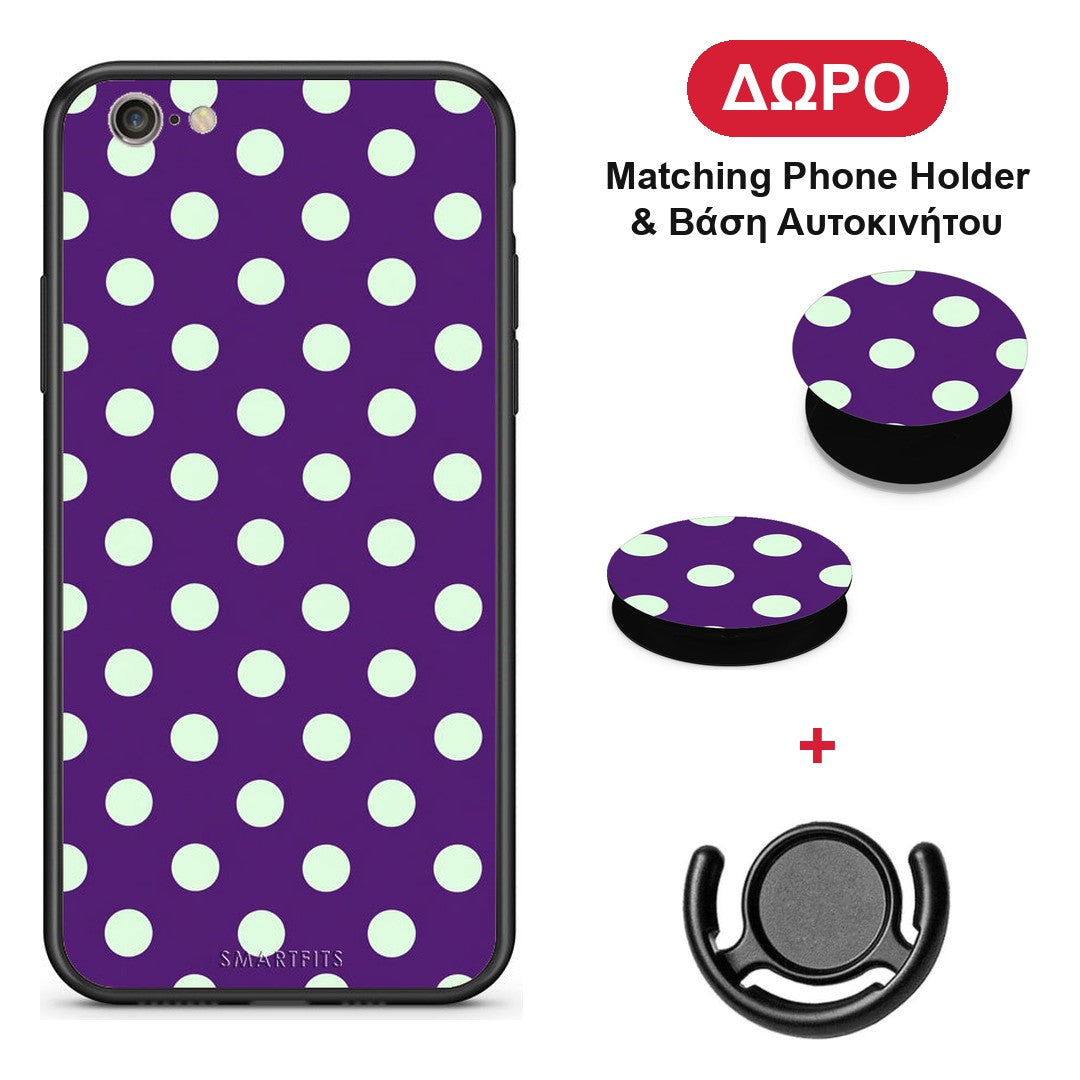 Mint Polka Dots on Purple - iPhone 7 / 8 / SE 2020 θήκη + Δώρο Phone Holder & Βάση Αυτοκινήτου