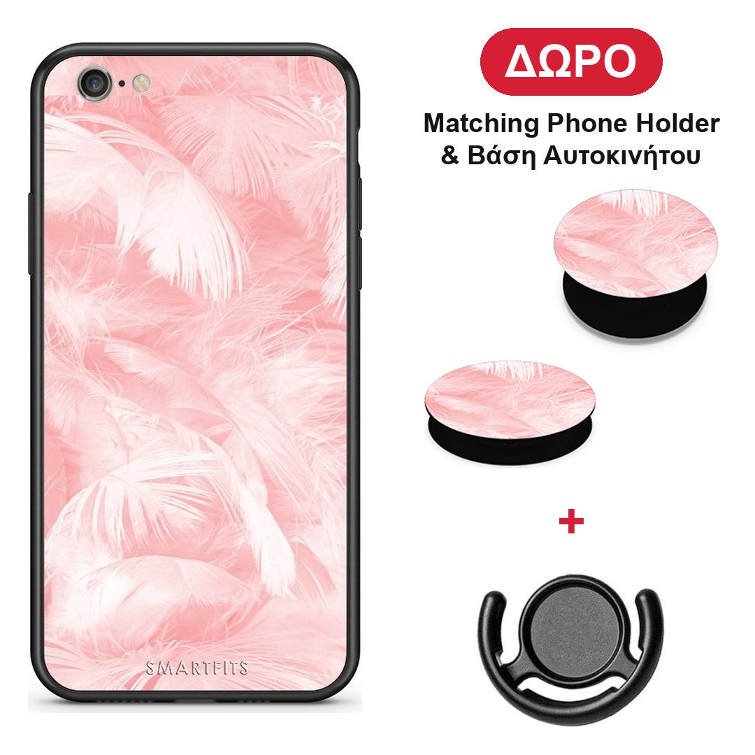 Boho Pink Feather - iPhone 7 / 8 / SE 2020 θήκη + Δώρο Phone Holder & Βάση Αυτοκινήτου