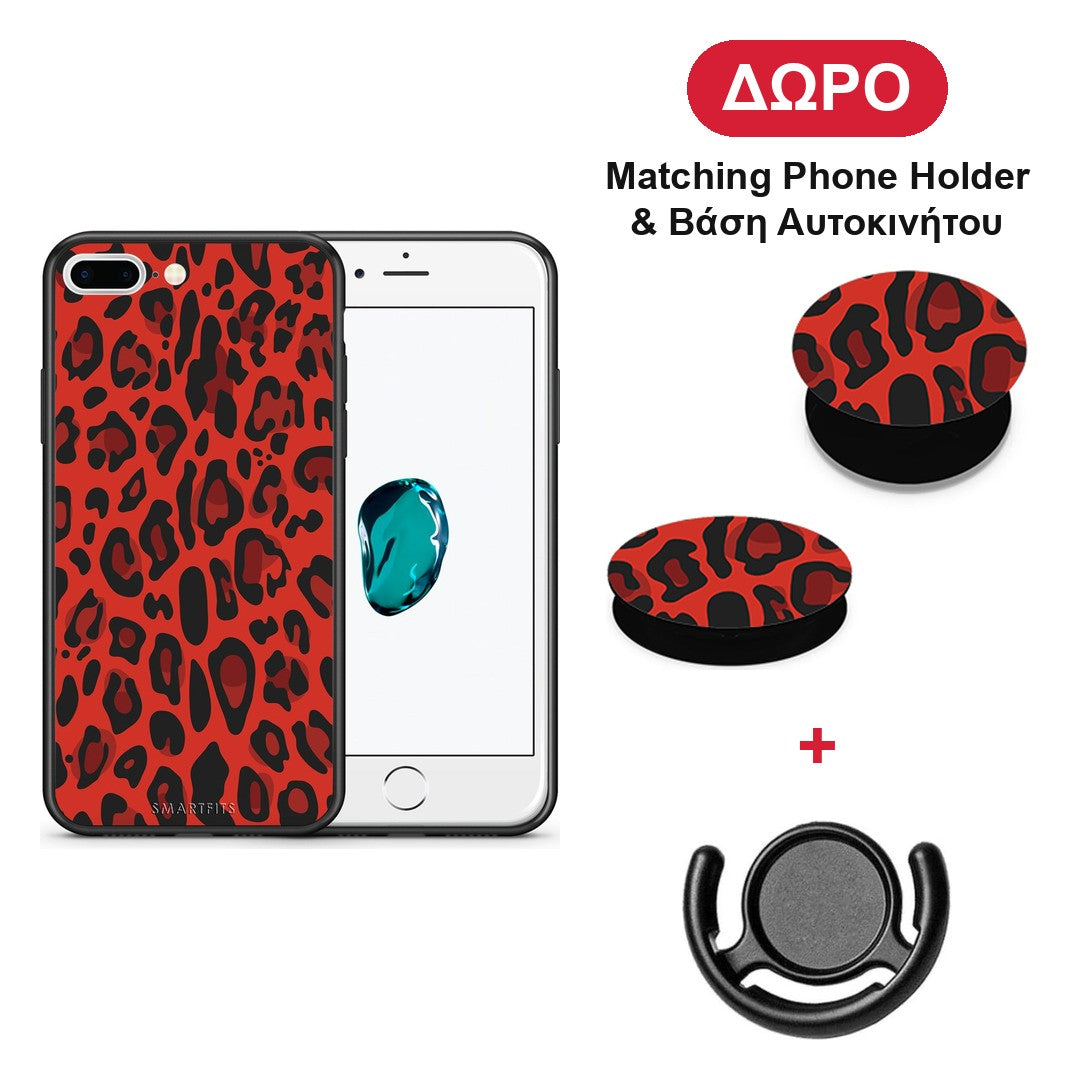 Animal Red Leopard - iPhone 7 Plus / 8 Plus θήκη + Δώρο Phone Holder & Βάση Αυτοκινήτου
