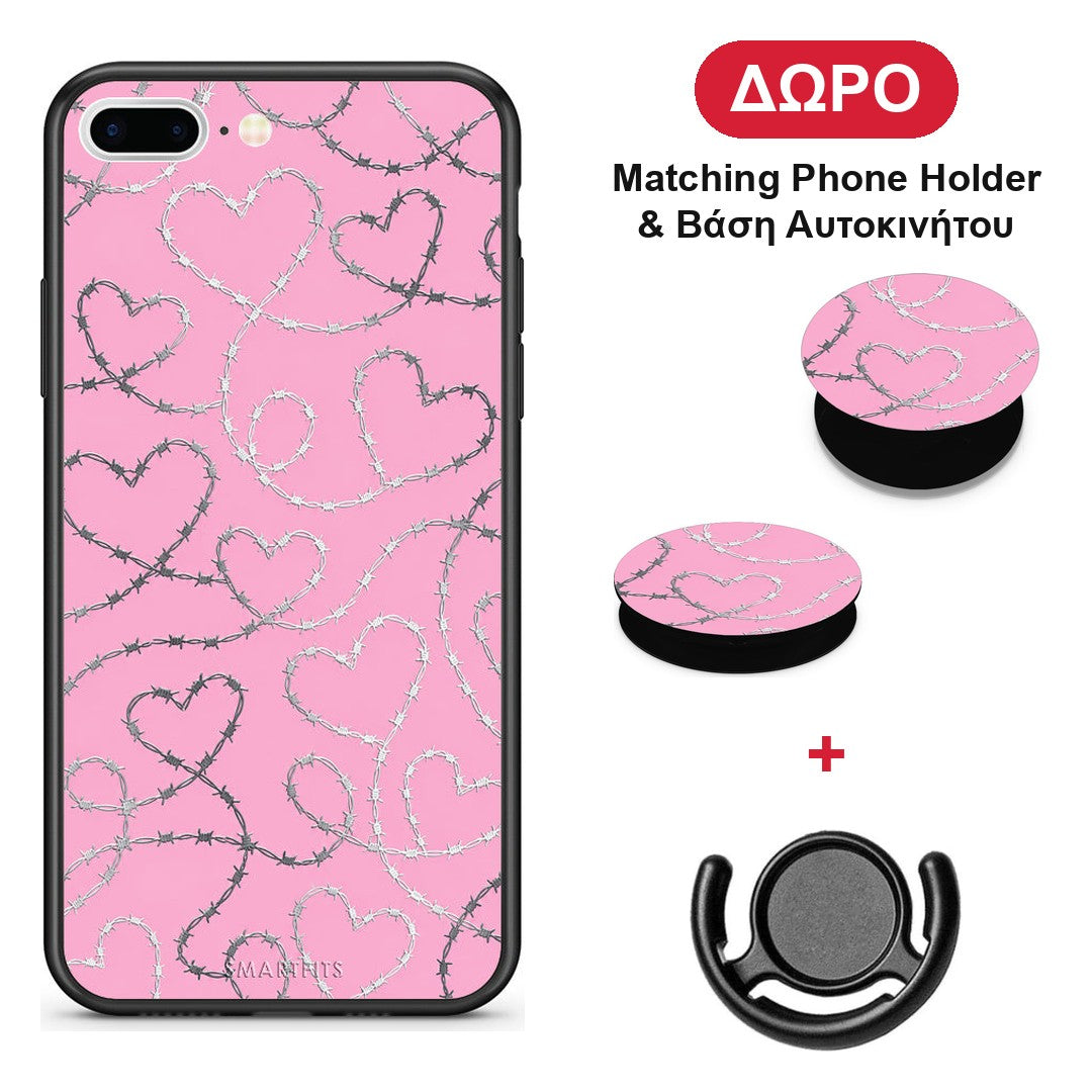 Barbed Wire Hearts on Pink - iPhone 7 Plus / 8 Plus θήκη + Δώρο Phone Holder & Βάση Αυτοκινήτου