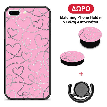 Barbed Wire Hearts on Pink - iPhone 7 Plus / 8 Plus θήκη + Δώρο Phone Holder & Βάση Αυτοκινήτου
