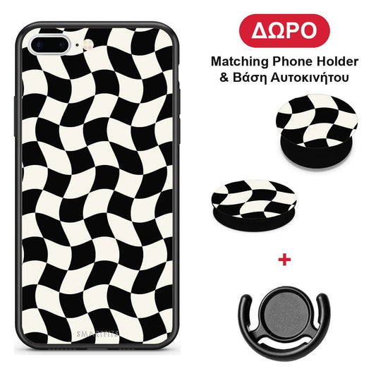 Black and Cream Wavy Checkerboard - iPhone 7 Plus / 8 Plus θήκη + Δώρο Phone Holder & Βάση Αυτοκινήτου