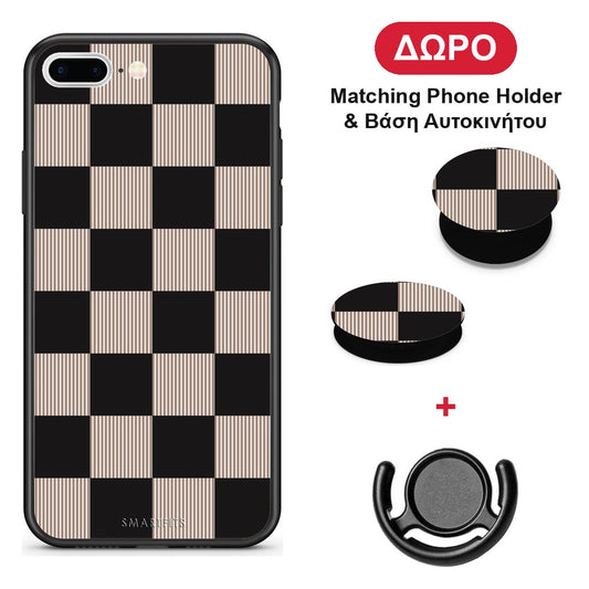 Black and Taupe Striped Checks - iPhone 7 Plus / 8 Plus θήκη + Δώρο Phone Holder & Βάση Αυτοκινήτου