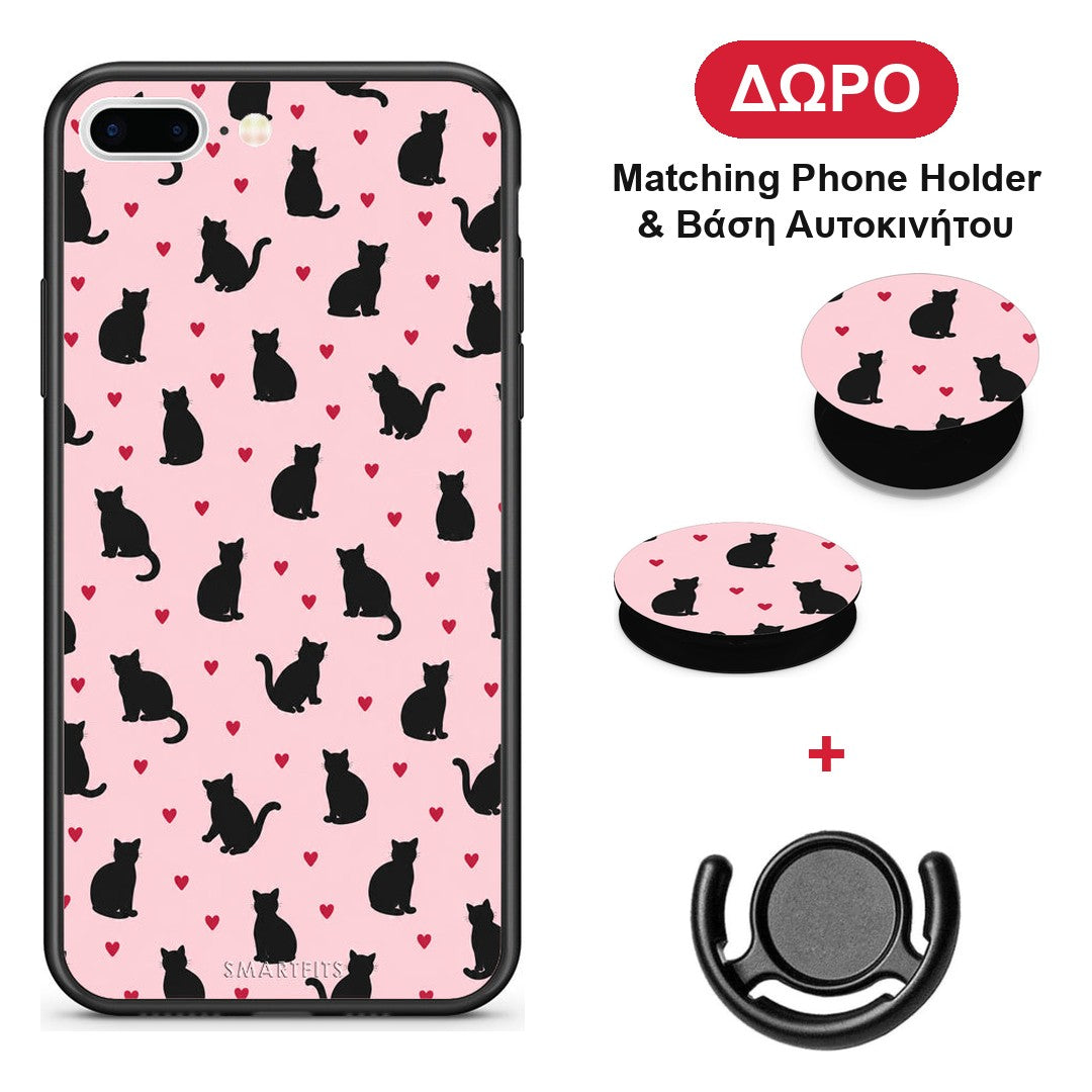 Black Cat Silhouettes and Hearts on Pink - iPhone 7 Plus / 8 Plus θήκη + Δώρο Phone Holder & Βάση Αυτοκινήτου
