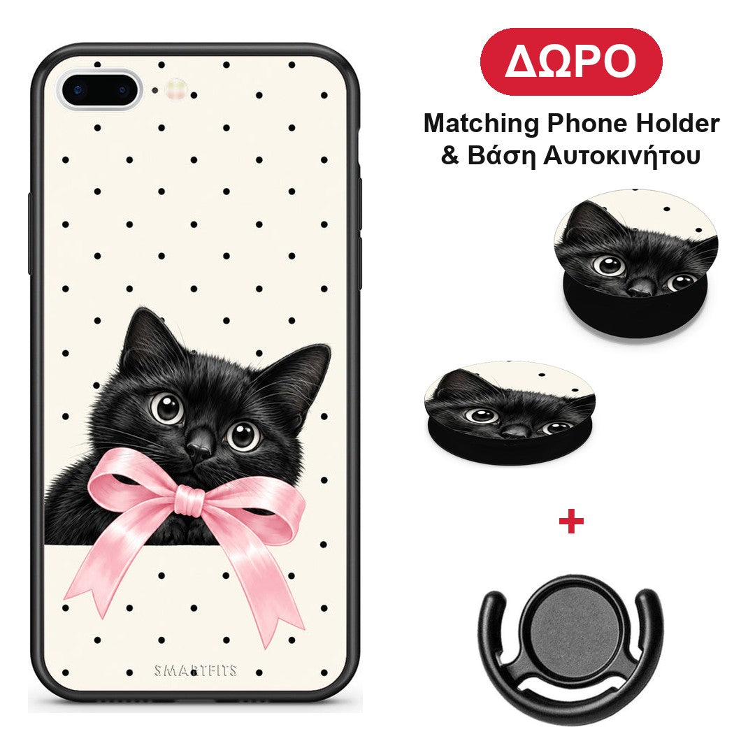 Black Kitten Pink Bow and Polka Dots - iPhone 7 Plus / 8 Plus θήκη + Δώρο Phone Holder & Βάση Αυτοκινήτου