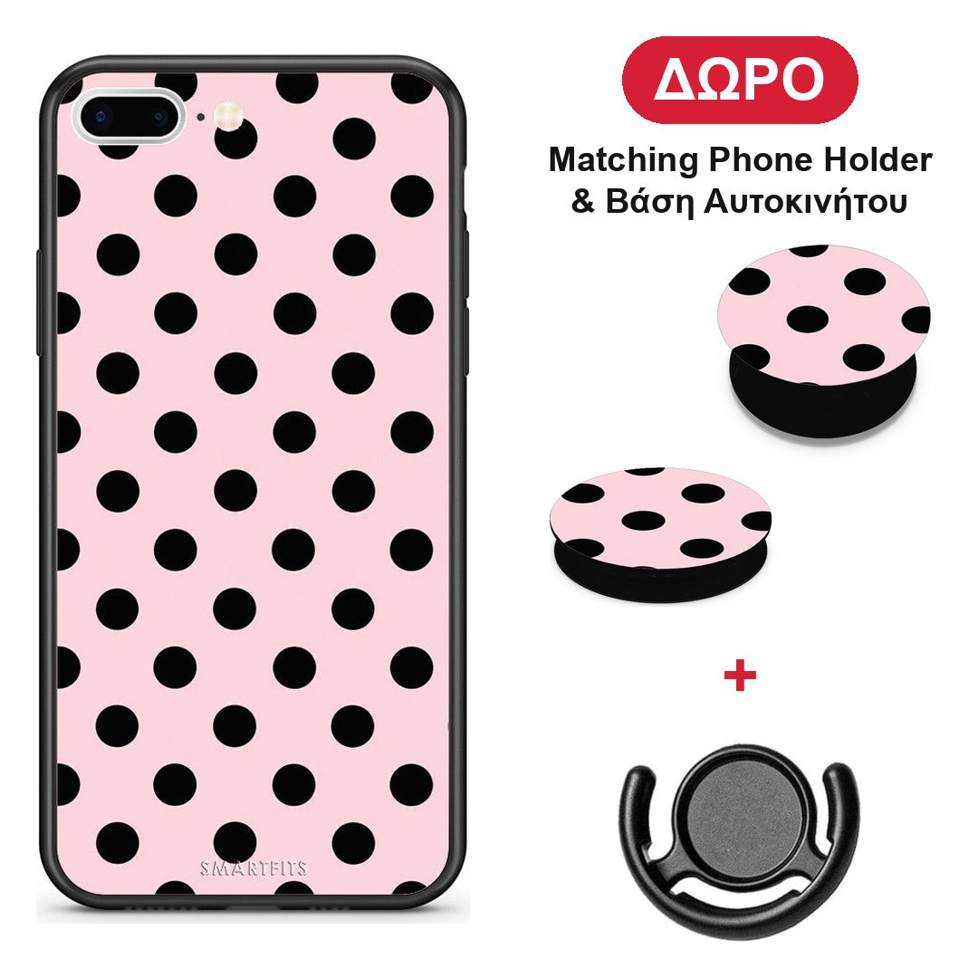 Black Polka Dots on Pink - iPhone 7 Plus / 8 Plus θήκη + Δώρο Phone Holder & Βάση Αυτοκινήτου