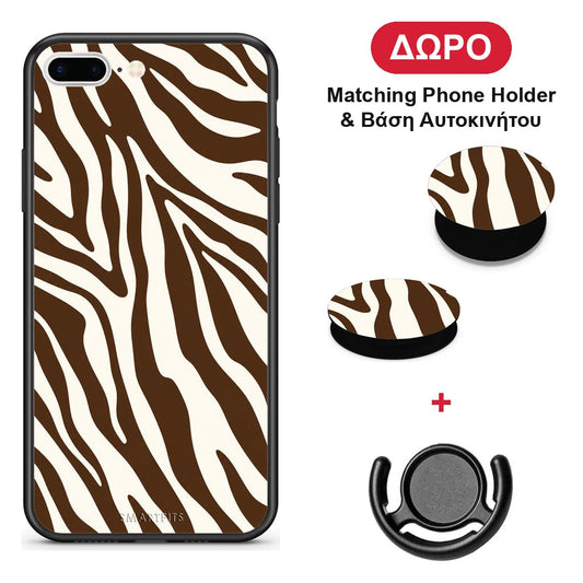 Brown and Cream Zebra Stripes - iPhone 7 Plus / 8 Plus θήκη + Δώρο Phone Holder & Βάση Αυτοκινήτου