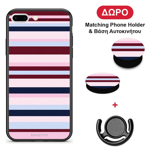 Burgundy Pink and Blue Horizontal Stripes - iPhone 7 Plus / 8 Plus θήκη + Δώρο Phone Holder & Βάση Αυτοκινήτου