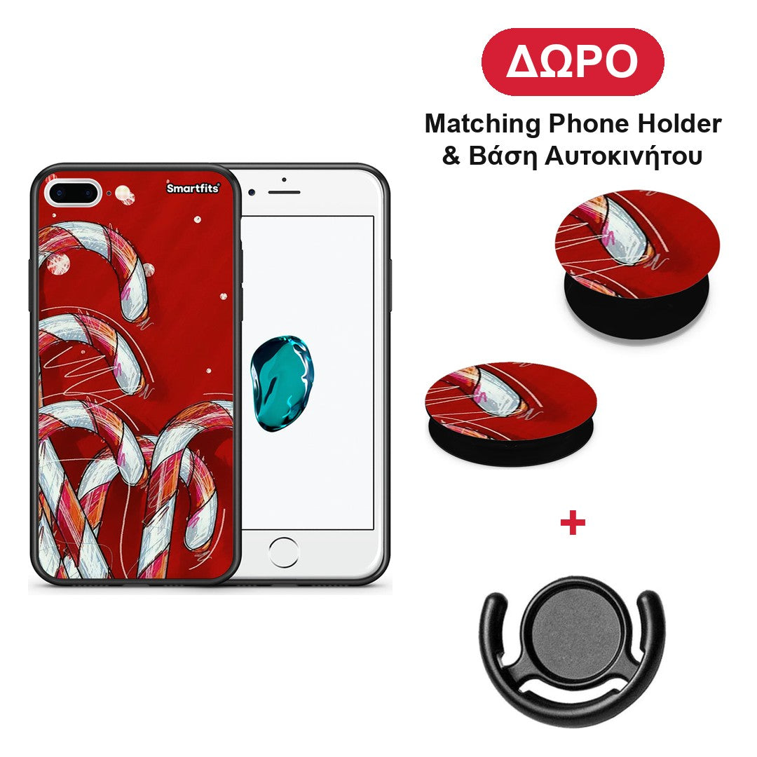 Candy Cane - iPhone 7 Plus / 8 Plus θήκη + Δώρο Phone Holder & Βάση Αυτοκινήτου