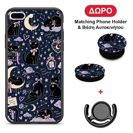 Celestial Black Cats on Navy - iPhone 7 Plus / 8 Plus θήκη + Δώρο Phone Holder & Βάση Αυτοκινήτου
