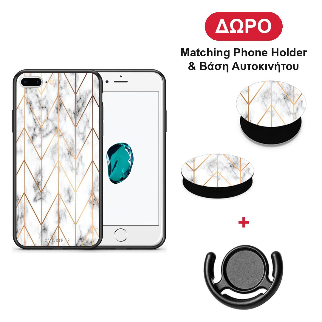 Marble Gold Geometric - iPhone 7 Plus / 8 Plus θήκη + Δώρο Phone Holder & Βάση Αυτοκινήτου