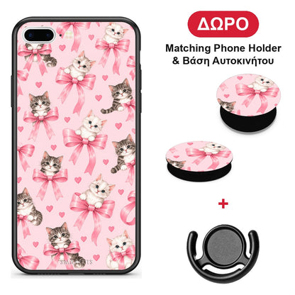 Kittens and Pink Bows on Pink - iPhone 7 Plus / 8 Plus θήκη + Δώρο Phone Holder & Βάση Αυτοκινήτου