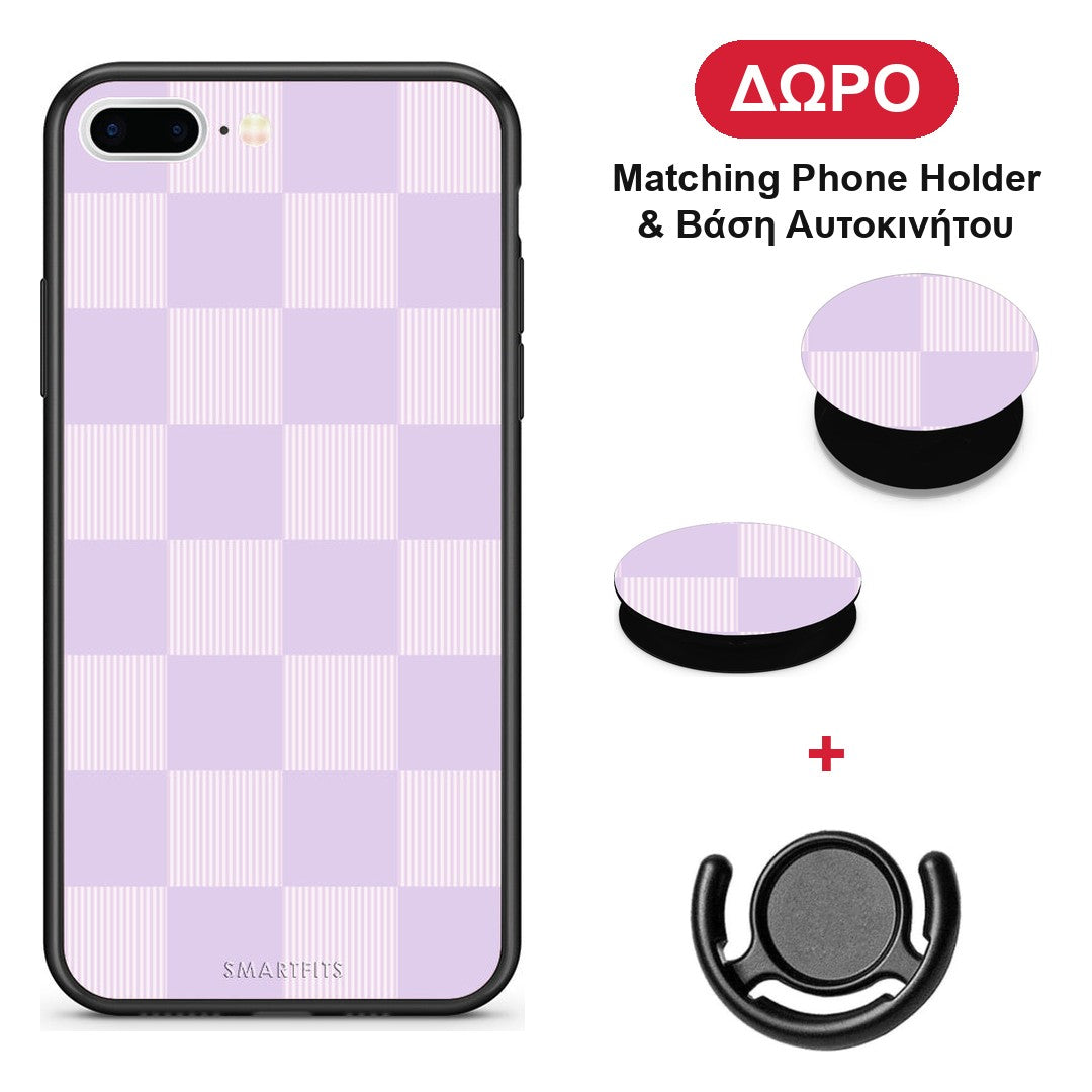 Lilac and Cream Striped Checks - iPhone 7 Plus / 8 Plus θήκη + Δώρο Phone Holder & Βάση Αυτοκινήτου