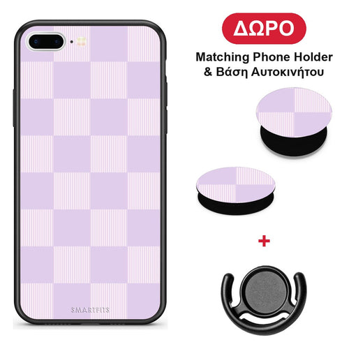 Lilac and Cream Striped Checks - iPhone 7 Plus / 8 Plus θήκη + Δώρο Phone Holder & Βάση Αυτοκινήτου