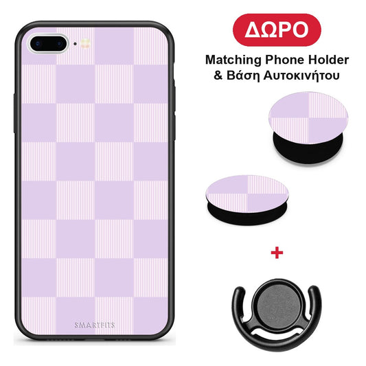 Lilac and Cream Striped Checks - iPhone 7 Plus / 8 Plus θήκη + Δώρο Phone Holder & Βάση Αυτοκινήτου