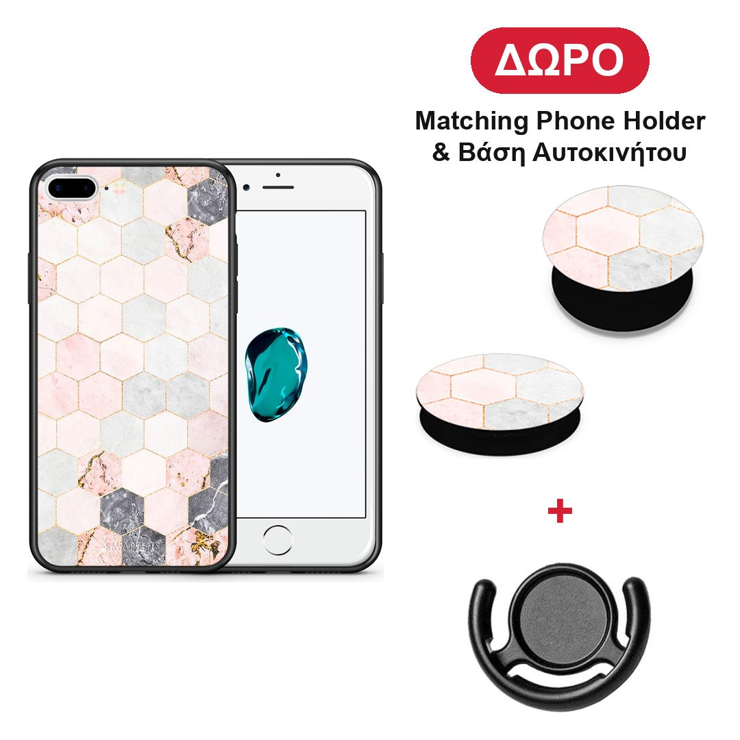 Marble Hexagon Pink - iPhone 7 Plus / 8 Plus θήκη + Δώρο Phone Holder & Βάση Αυτοκινήτου