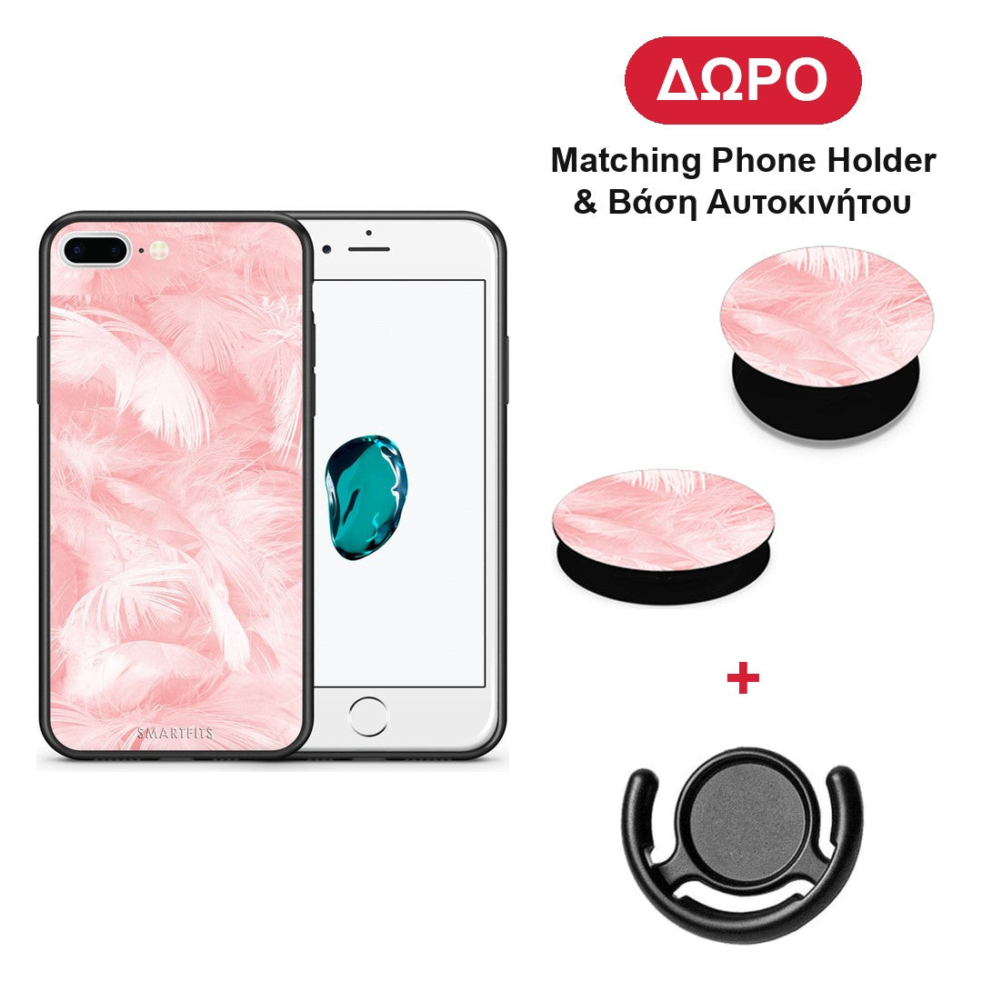Boho Pink Feather - iPhone 7 Plus / 8 Plus θήκη + Δώρο Phone Holder & Βάση Αυτοκινήτου