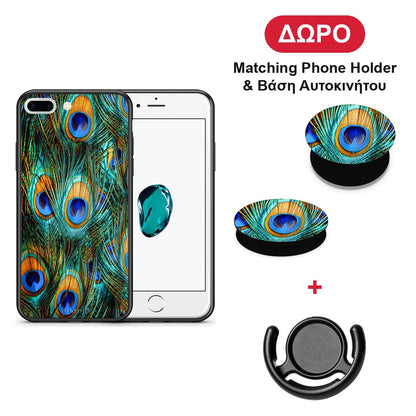 Real Peacock Feathers - iPhone 7 Plus / 8 Plus θήκη + Δώρο Phone Holder & Βάση Αυτοκινήτου