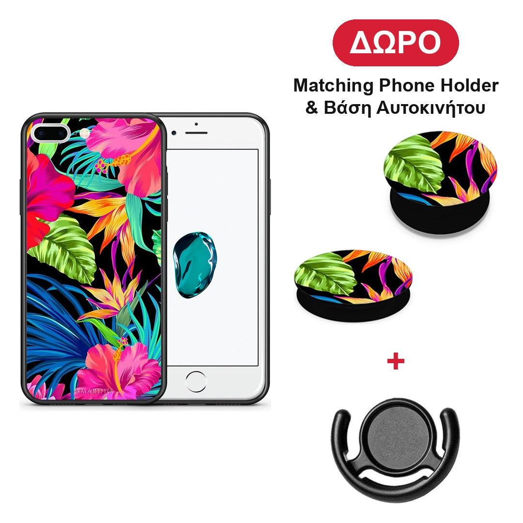 Tropical Flowers - iPhone 7 Plus / 8 Plus θήκη + Δώρο Phone Holder & Βάση Αυτοκινήτου