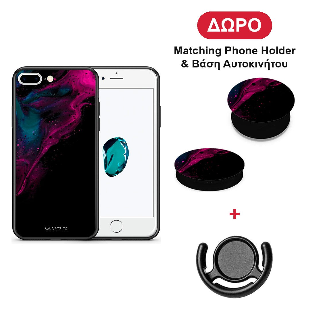 Watercolor Pink Black - iPhone 7 Plus / 8 Plus θήκη + Δώρο Phone Holder & Βάση Αυτοκινήτου