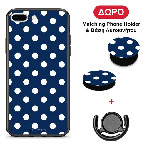 White Large Polka Dots on Navy - iPhone 7 Plus / 8 Plus θήκη + Δώρο Phone Holder & Βάση Αυτοκινήτου
