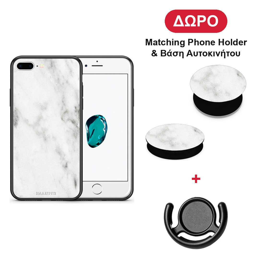 Marble White - iPhone 7 Plus / 8 Plus θήκη + Δώρο Phone Holder & Βάση Αυτοκινήτου