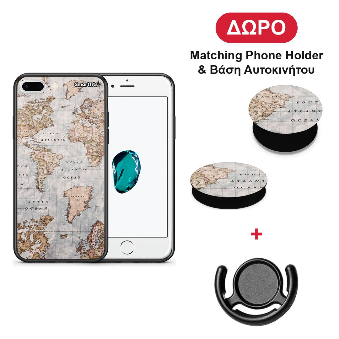 World Map - iPhone 7 Plus / 8 Plus θήκη + Δώρο Phone Holder & Βάση Αυτοκινήτου
