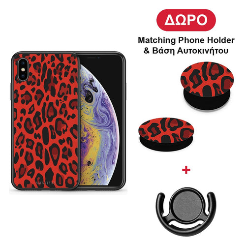 Animal Red Leopard - iPhone X / Xs θήκη + Δώρο Phone Holder & Βάση Αυτοκινήτου