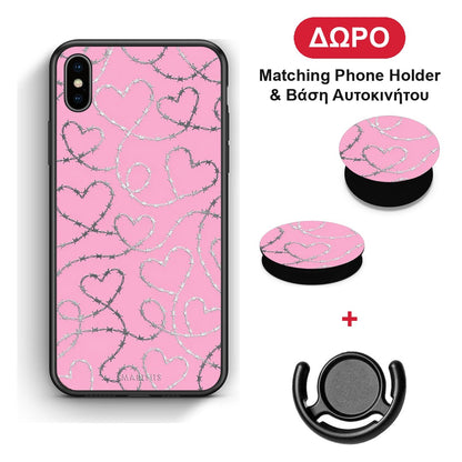 Barbed Wire Hearts on Pink - iPhone X / Xs θήκη + Δώρο Phone Holder & Βάση Αυτοκινήτου