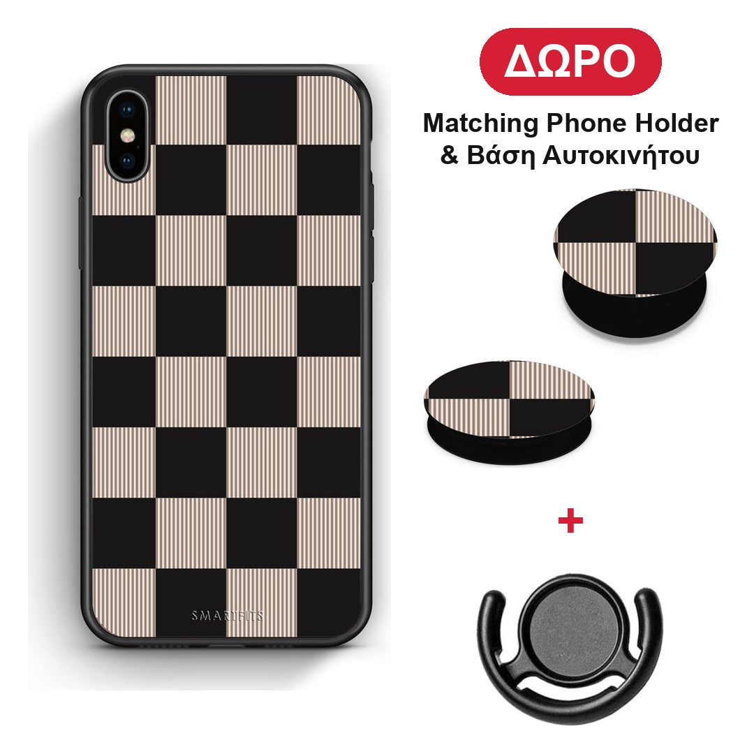 Black and Taupe Striped Checks - iPhone X / Xs θήκη + Δώρο Phone Holder & Βάση Αυτοκινήτου