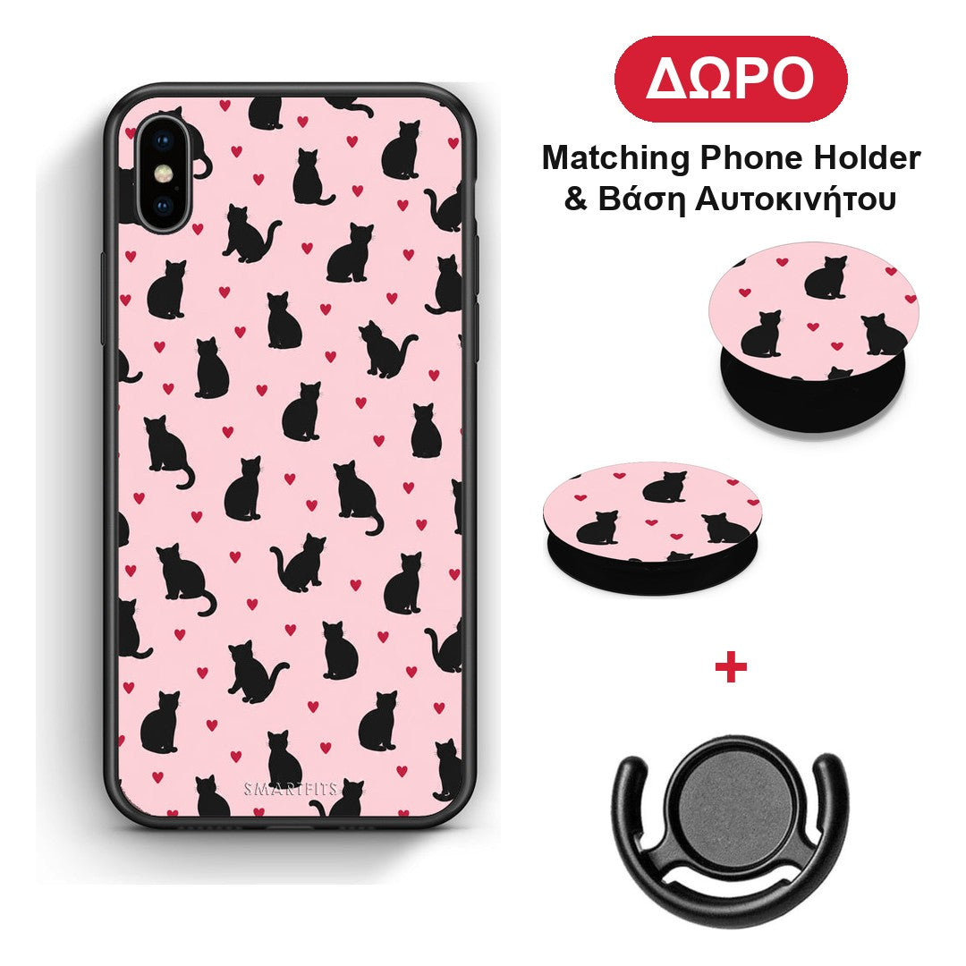 Black Cat Silhouettes and Hearts on Pink - iPhone X / Xs θήκη + Δώρο Phone Holder & Βάση Αυτοκινήτου