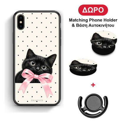 Black Kitten Pink Bow and Polka Dots - iPhone X / Xs θήκη + Δώρο Phone Holder & Βάση Αυτοκινήτου